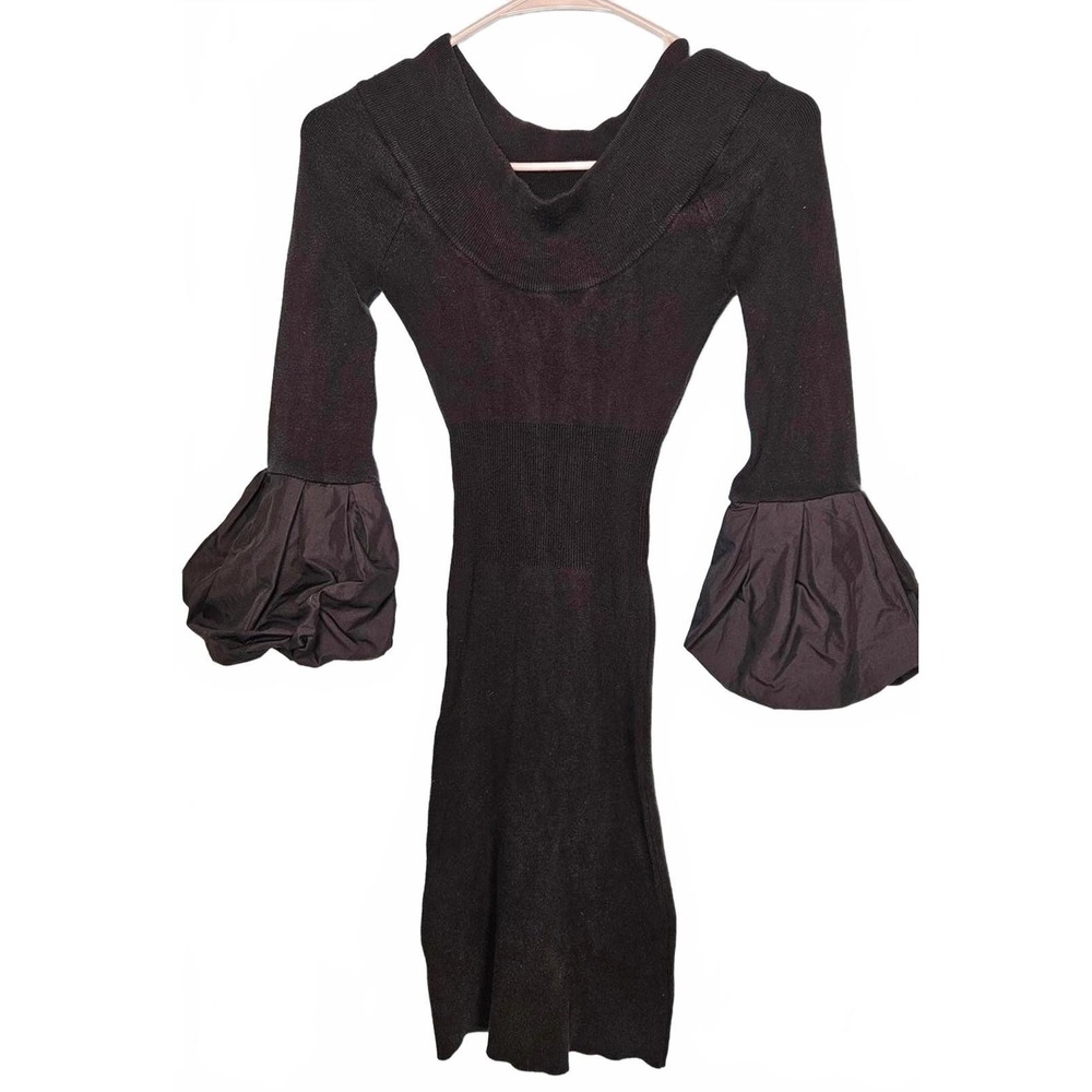 BCBGMAXAZRIA Black Silk‎ Blend Knit Sweater Dress Bell Sleeve XS Evening Wear